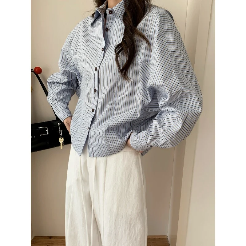 Damen Oversized Hemdbluse mit Streifenmuster und Ballonärmeln Nord Taschen