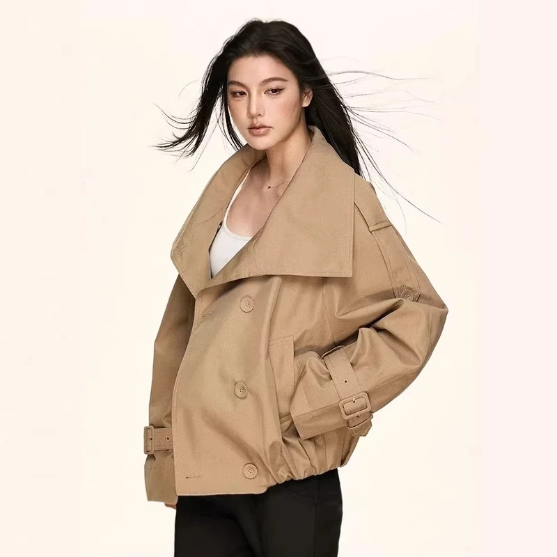 Damen Oversized Doppelreihige Trench-Bomberjacke mit hohem Stehkragen Nord Taschen