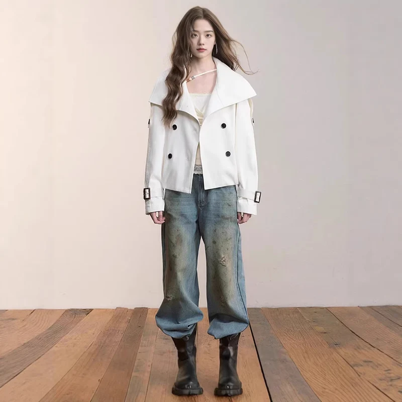 Damen Oversized Doppelreihige Trench-Bomberjacke mit hohem Stehkragen Nord Taschen