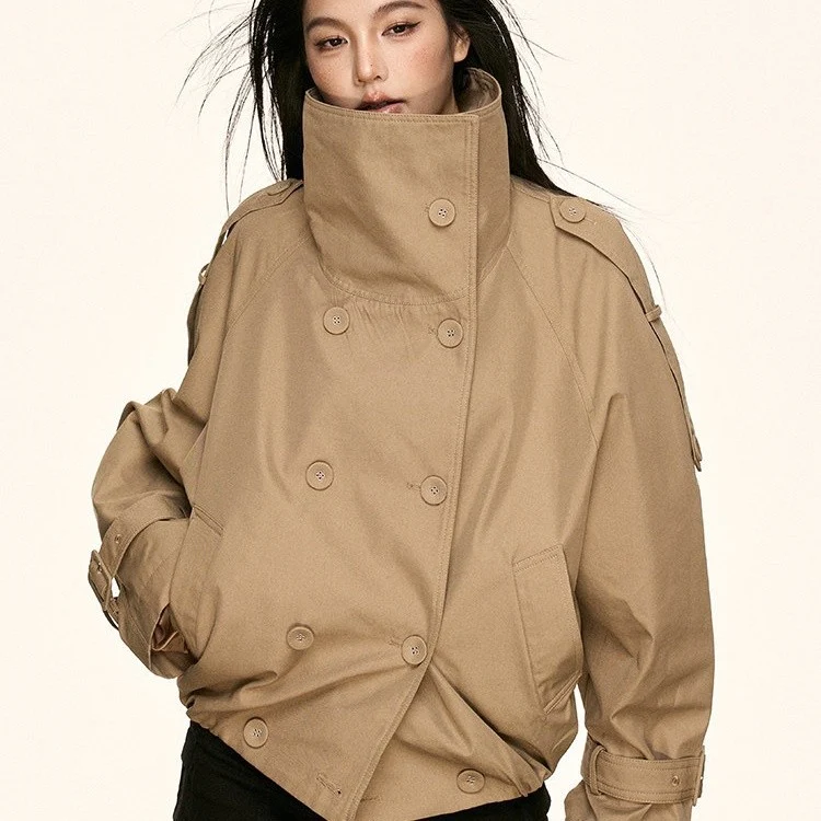 Damen Oversized Doppelreihige Trench-Bomberjacke mit hohem Stehkragen Nord Taschen