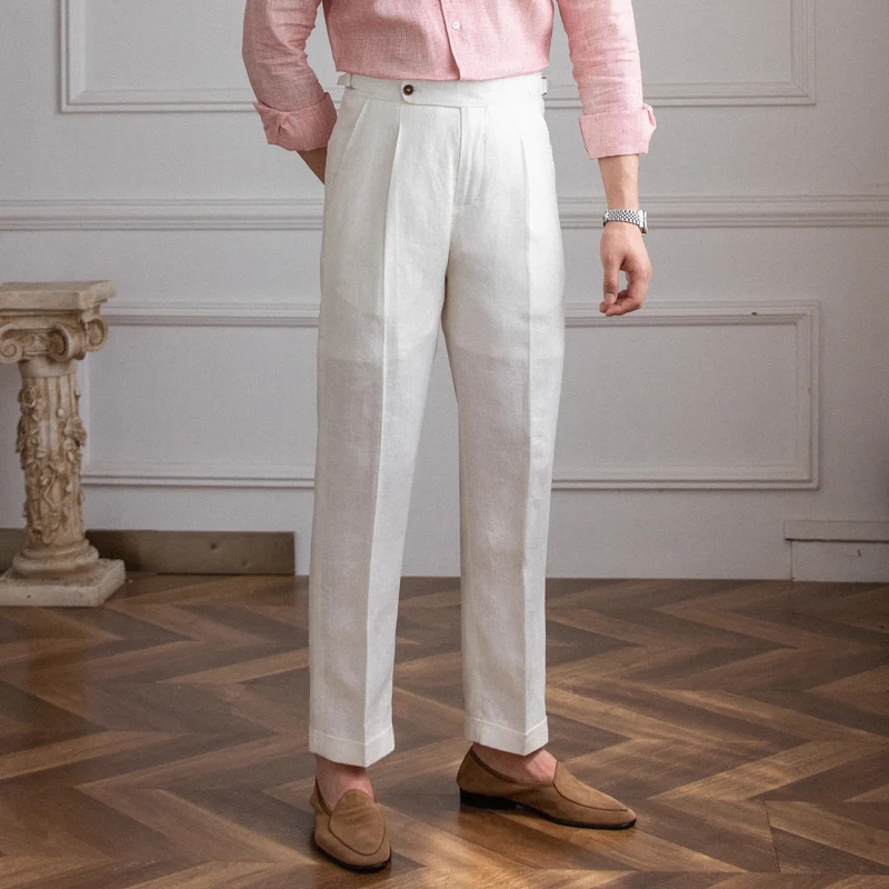 Herren Leinenhose mit hoher Taille, Bundfalten und verstellbarem Seitenriegel Nord Taschen