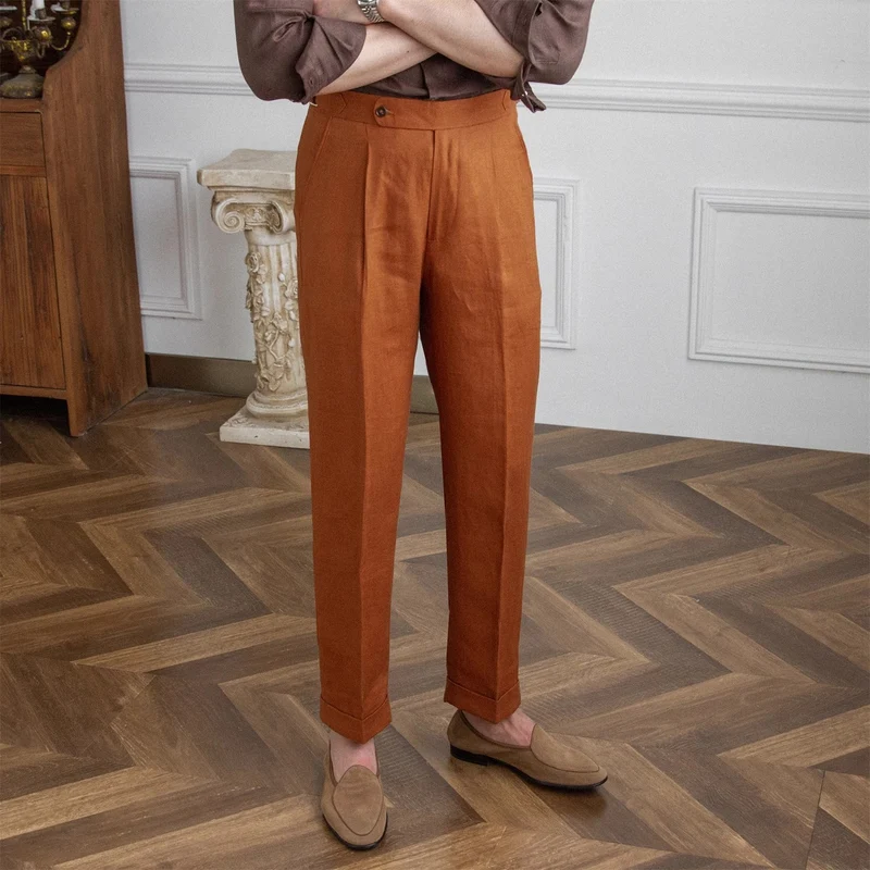 Herren Leinenhose mit hoher Taille, Bundfalten und verstellbarem Seitenriegel Nord Taschen