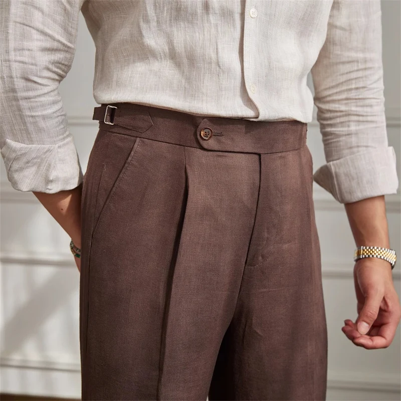Herren Leinenhose mit hoher Taille, Bundfalten und verstellbarem Seitenriegel Nord Taschen
