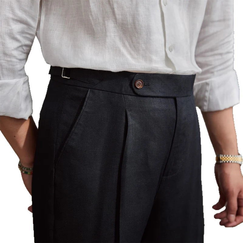 Herren Leinenhose mit hoher Taille, Bundfalten und verstellbarem Seitenriegel Nord Taschen