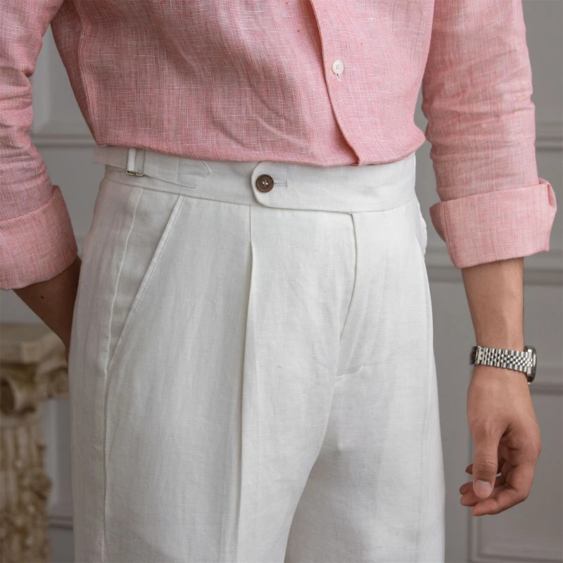 Herren Leinenhose mit hoher Taille, Bundfalten und verstellbarem Seitenriegel Nord Taschen