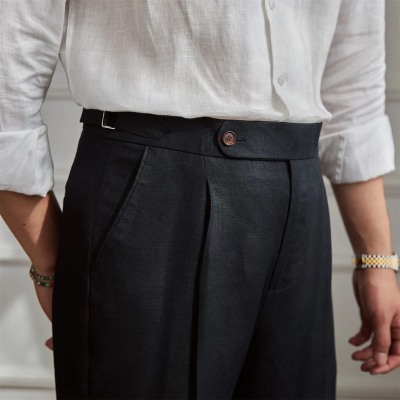 Herren Leinenhose mit hoher Taille, Bundfalten und verstellbarem Seitenriegel Nord Taschen