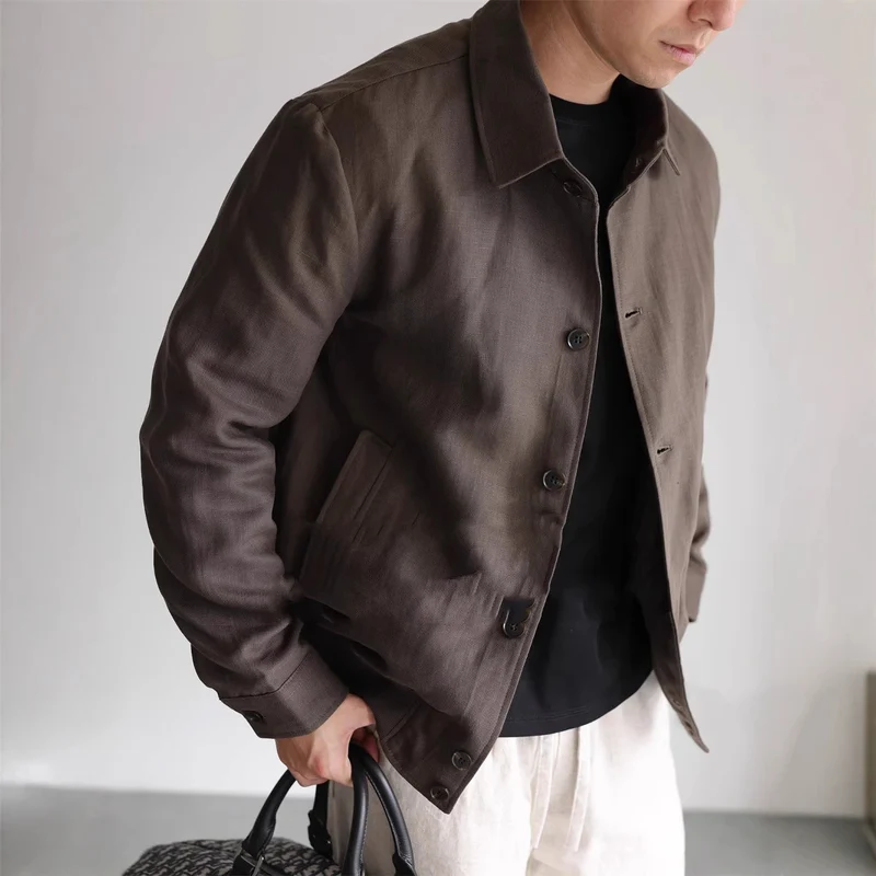 Herren Leichte Leinenjacke mit Hemdkragen und durchgehender Knopfleiste Nord Taschen