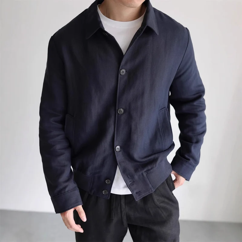 Herren Leichte Leinenjacke mit Hemdkragen und durchgehender Knopfleiste Nord Taschen