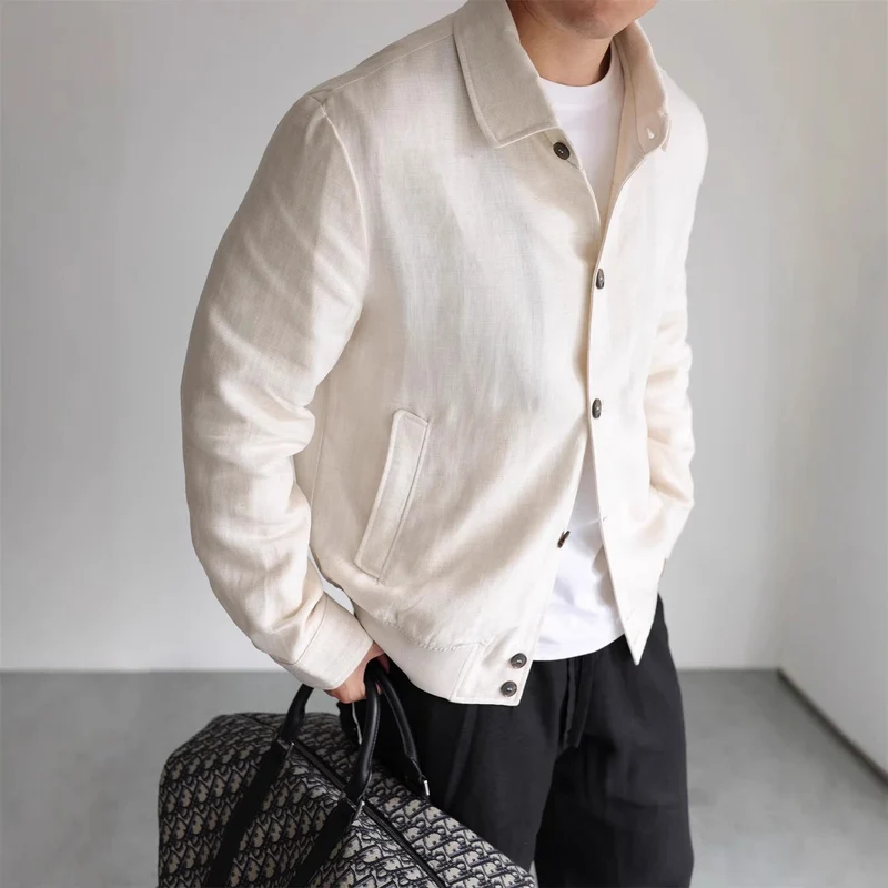 Herren Leichte Leinenjacke mit Hemdkragen und durchgehender Knopfleiste Nord Taschen