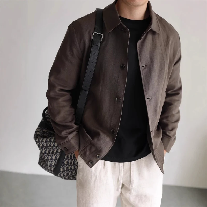 Herren Leichte Leinenjacke mit Hemdkragen und durchgehender Knopfleiste Nord Taschen