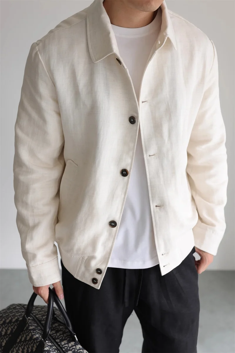 Herren Leichte Leinenjacke mit Hemdkragen und durchgehender Knopfleiste Nord Taschen