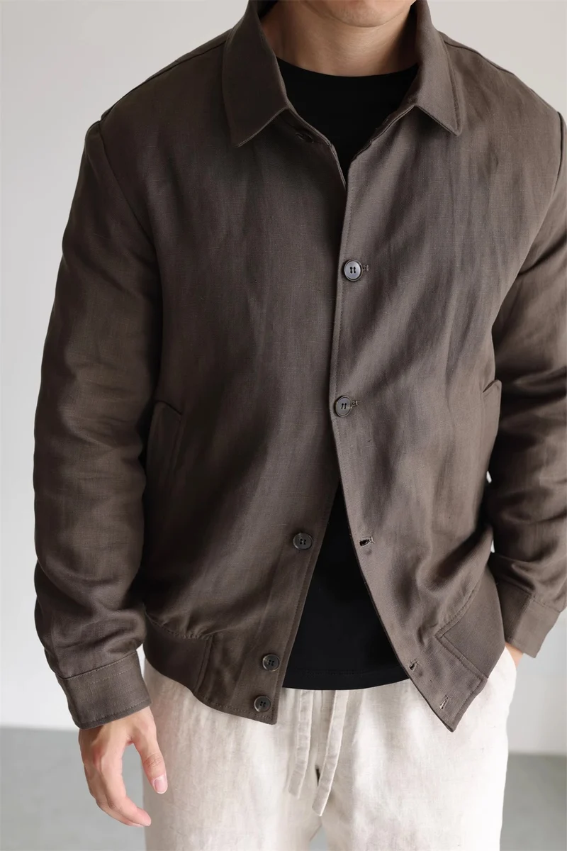 Herren Leichte Leinenjacke mit Hemdkragen und durchgehender Knopfleiste Nord Taschen