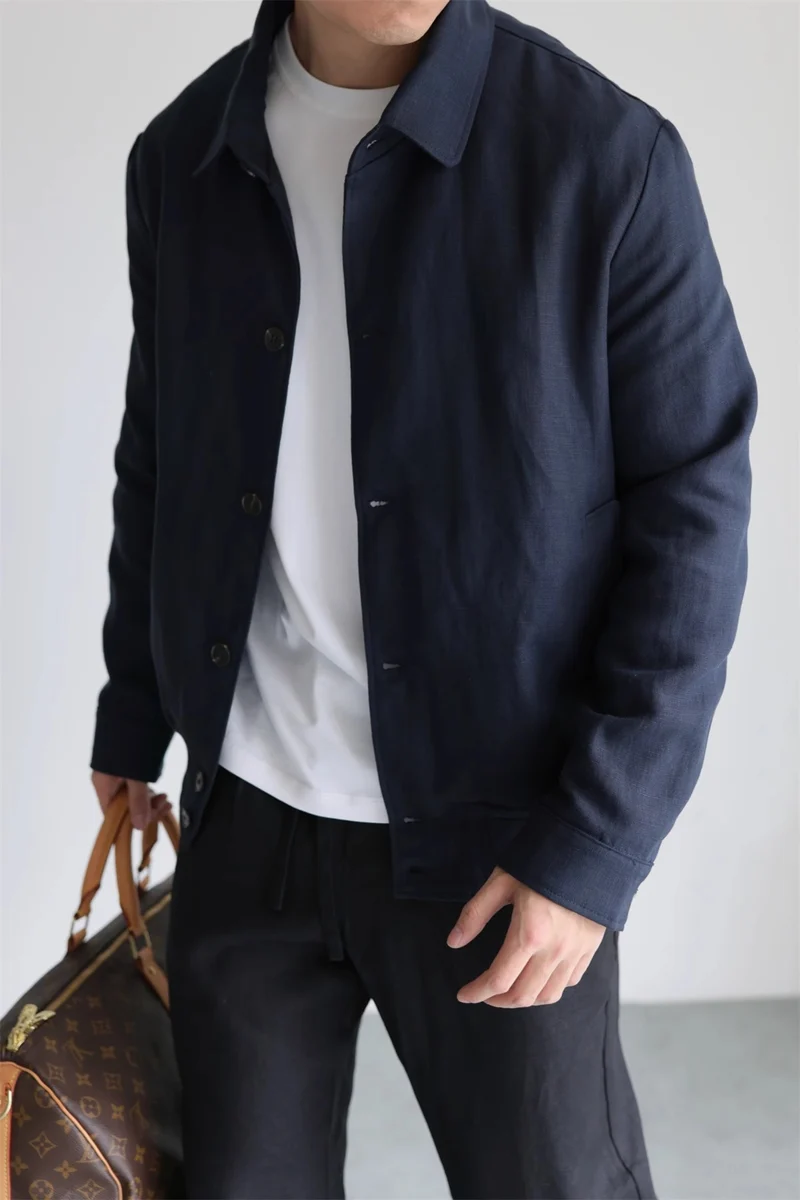 Herren Leichte Leinenjacke mit Hemdkragen und durchgehender Knopfleiste Nord Taschen