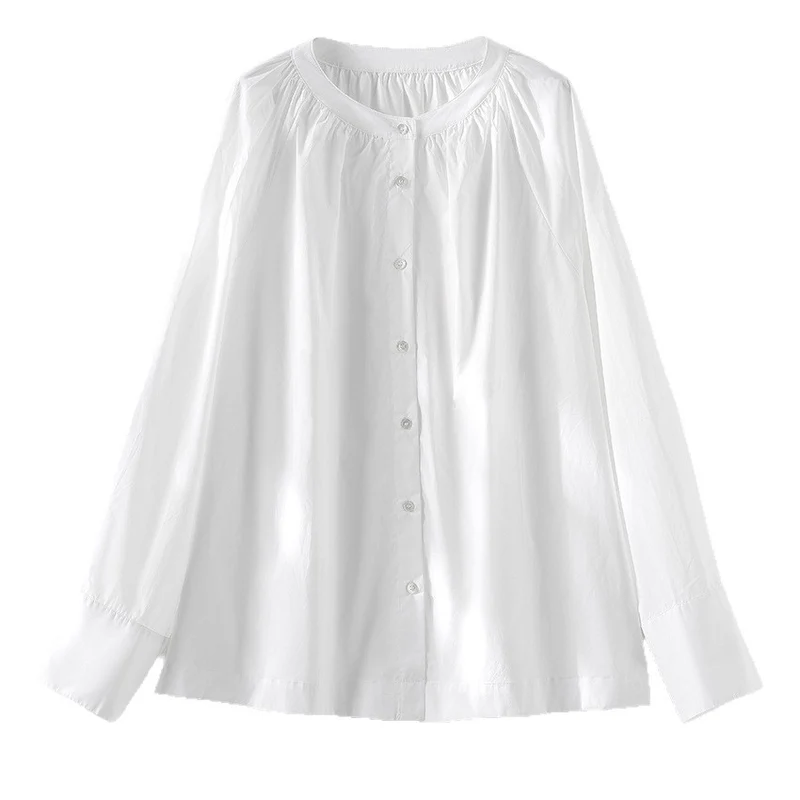 Damen Bluse mit Rundhalsausschnitt, durchgehender Knopfleiste und geraffter Passe Nord Taschen