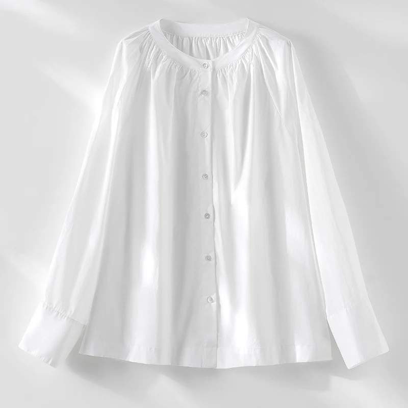 Damen Bluse mit Rundhalsausschnitt, durchgehender Knopfleiste und geraffter Passe Nord Taschen