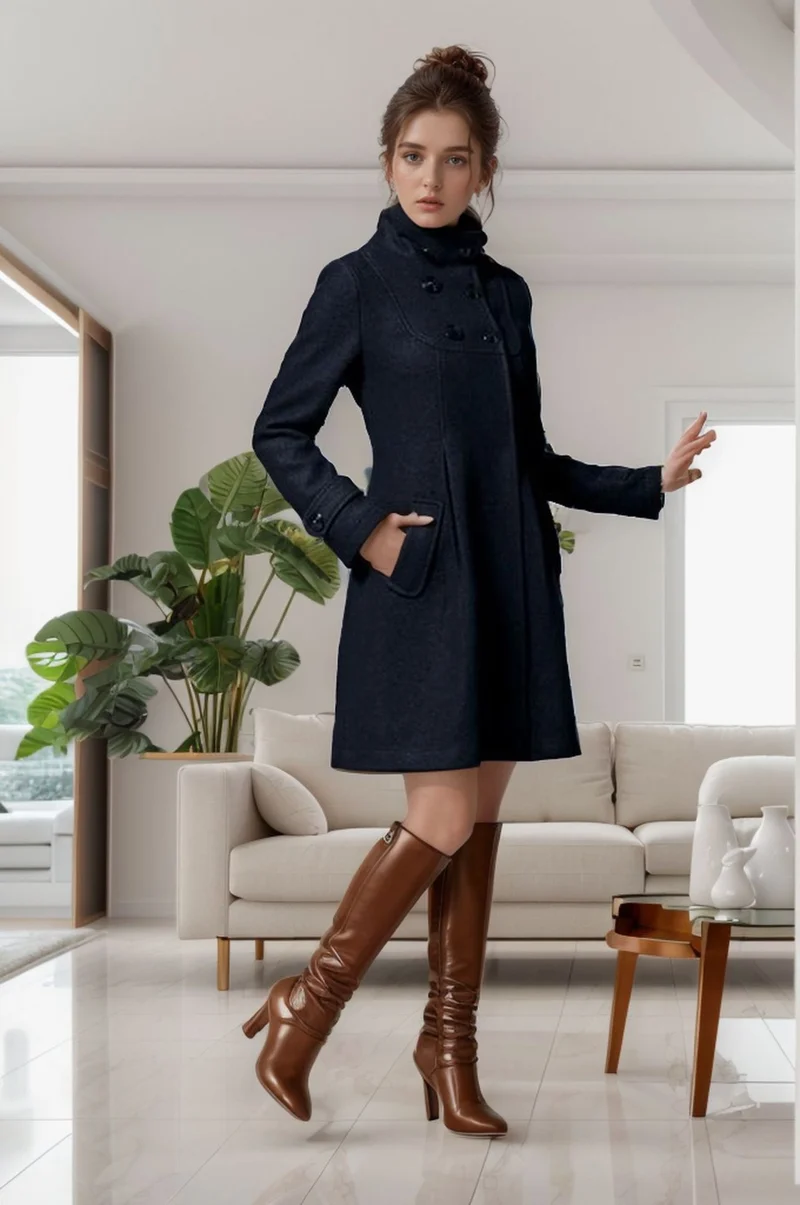 Damen A‑Linien Wollmix‑Mantel mit hoher Kapuze und Doppelknopfleiste Nord Taschen