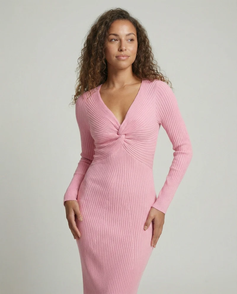Damen figurbetontes langärmliges Strickkleid mit Knoten-Detail