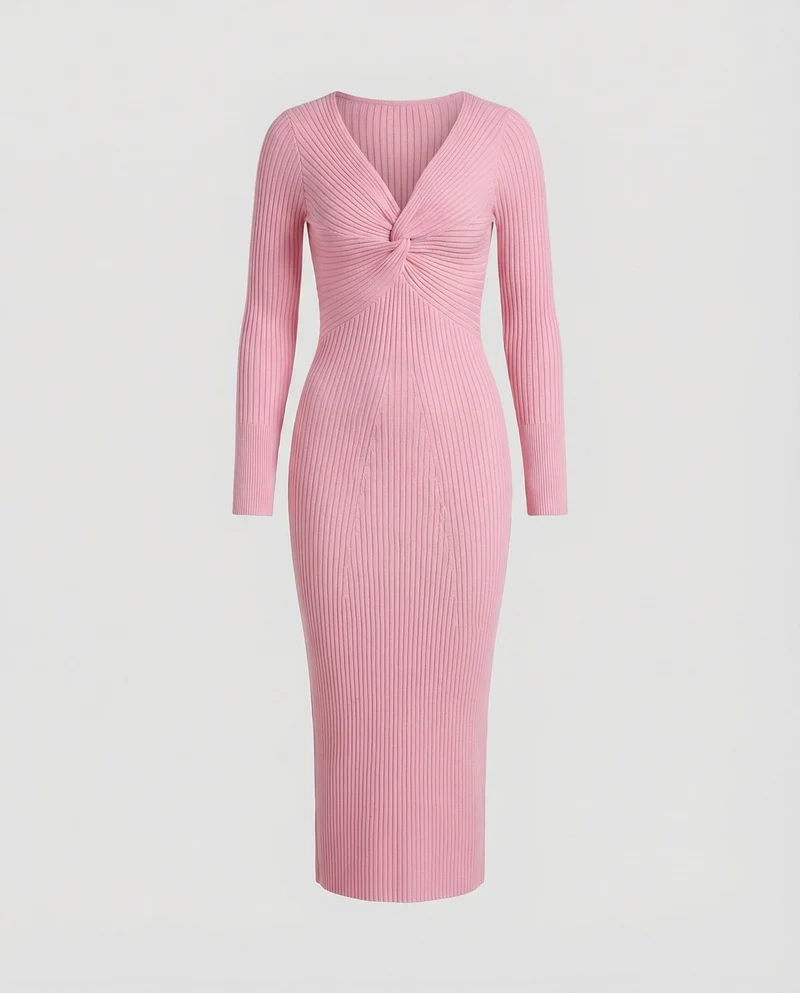 Damen figurbetontes langärmliges Strickkleid mit Knoten-Detail