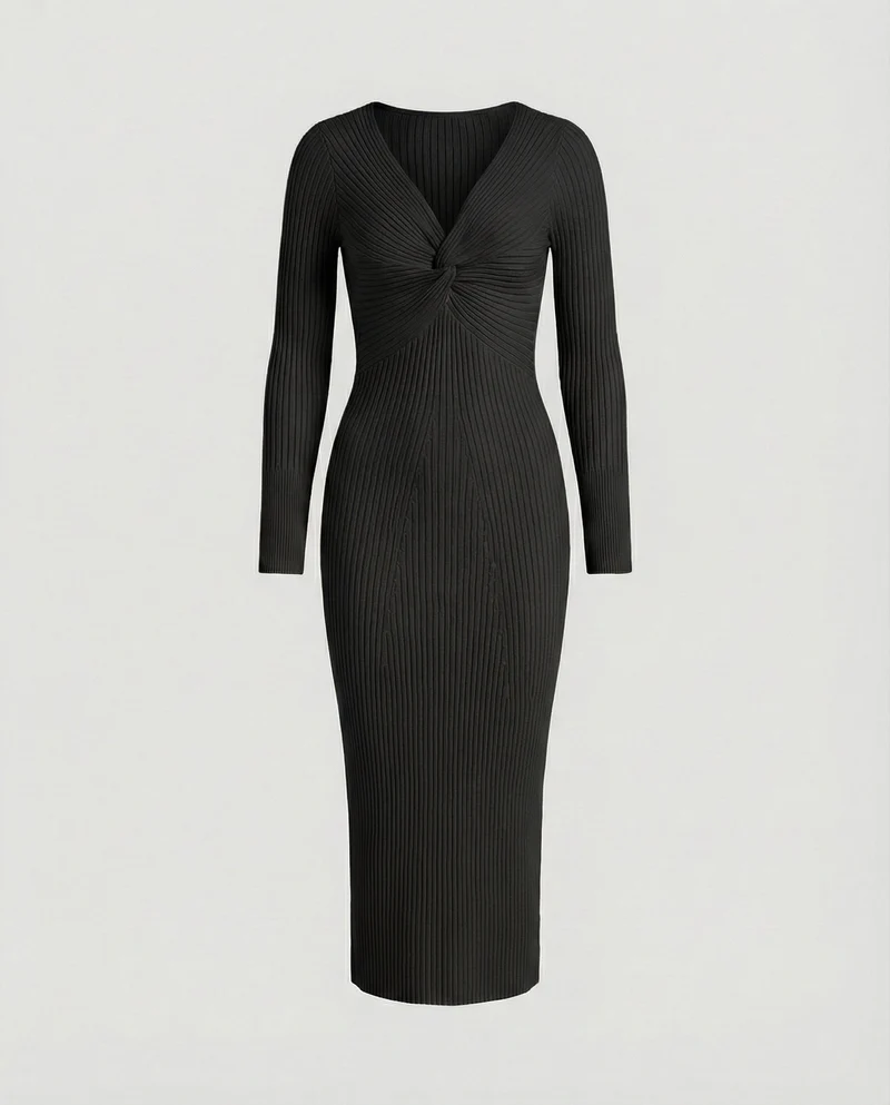 Damen figurbetontes langärmliges Strickkleid mit Knoten-Detail