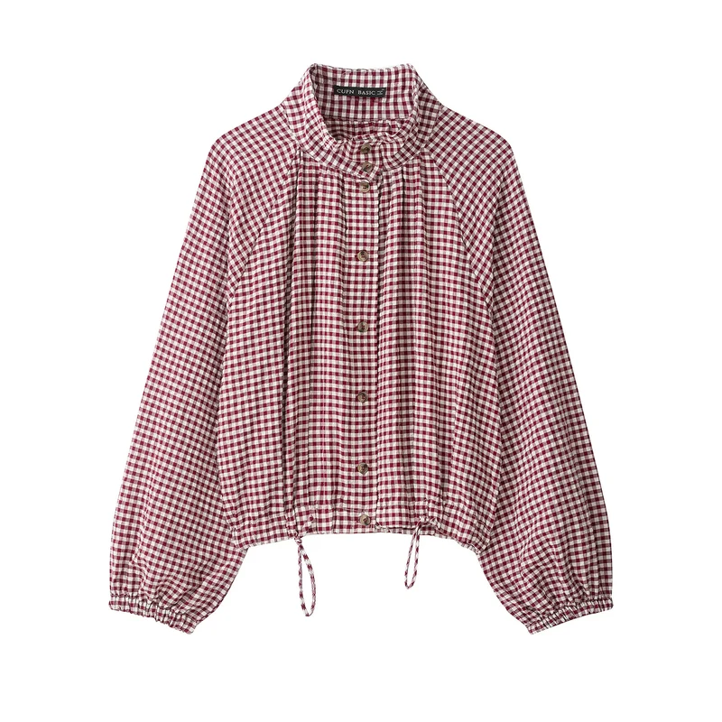Damen 10+ kariertes Cropped‑Blusenjacke mit Stehkragen, Tunnelzugsaum und Ballonärmeln Nord Taschen
