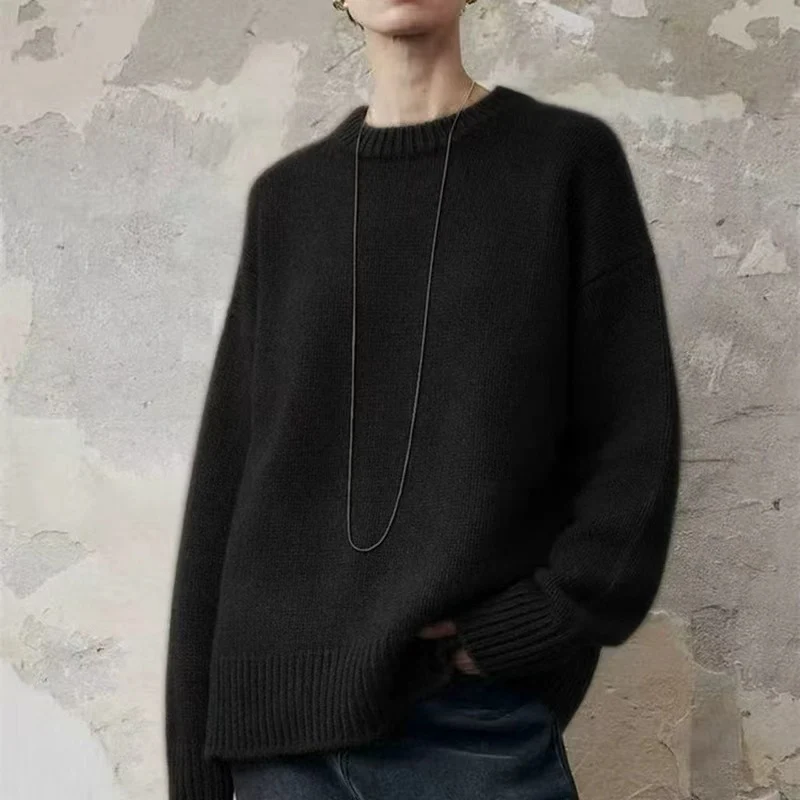 Damen Oversize-Feinstrickpullover mit Rundhals, fallender Schulter und geripptem Saum Nord Taschen