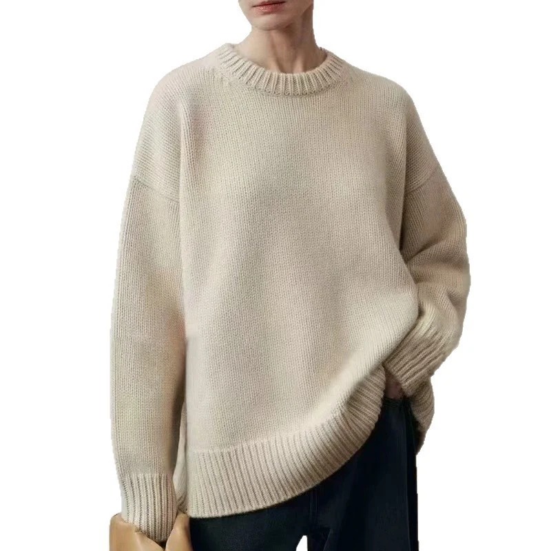 Damen Oversize-Feinstrickpullover mit Rundhals, fallender Schulter und geripptem Saum Nord Taschen