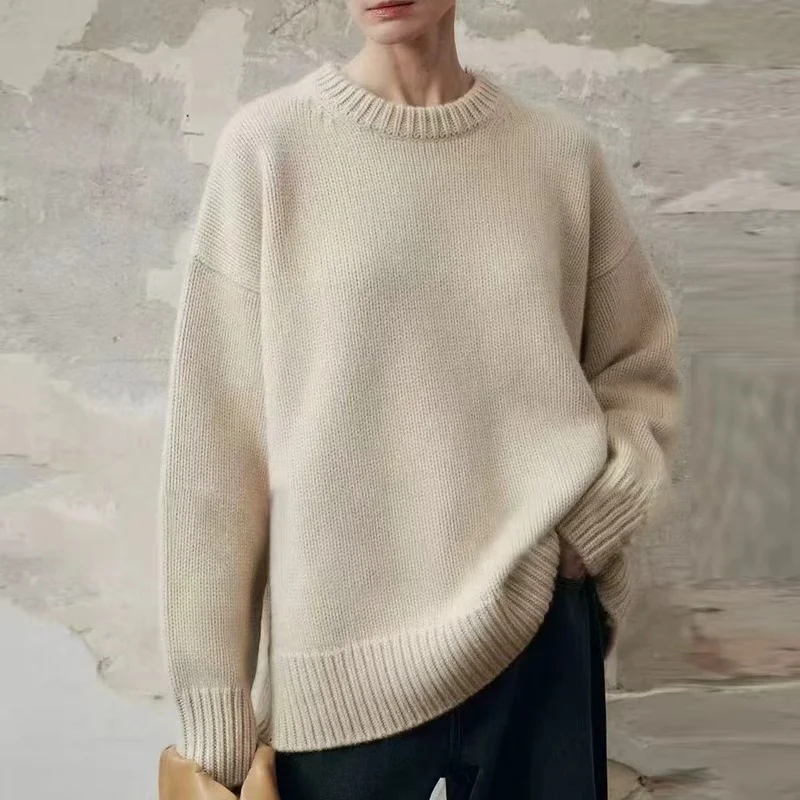 Damen Oversize-Feinstrickpullover mit Rundhals, fallender Schulter und geripptem Saum Nord Taschen