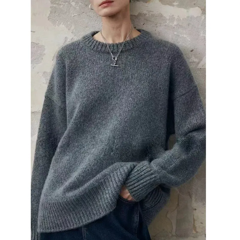 Damen Oversize-Feinstrickpullover mit Rundhals, fallender Schulter und geripptem Saum Nord Taschen
