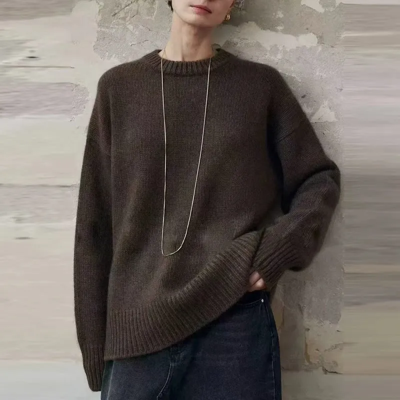 Damen Oversize-Feinstrickpullover mit Rundhals, fallender Schulter und geripptem Saum Nord Taschen
