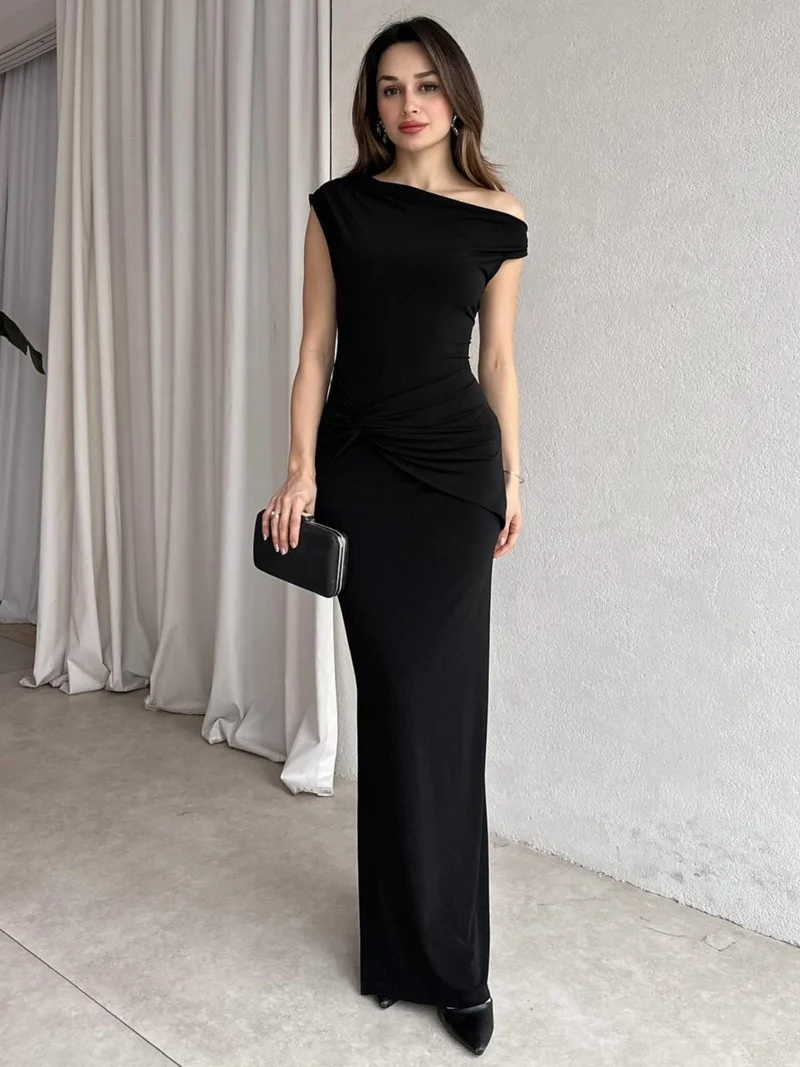 Damen Elegantes Maxikleid mit Off-Shoulder Design und dekorativer Raffung