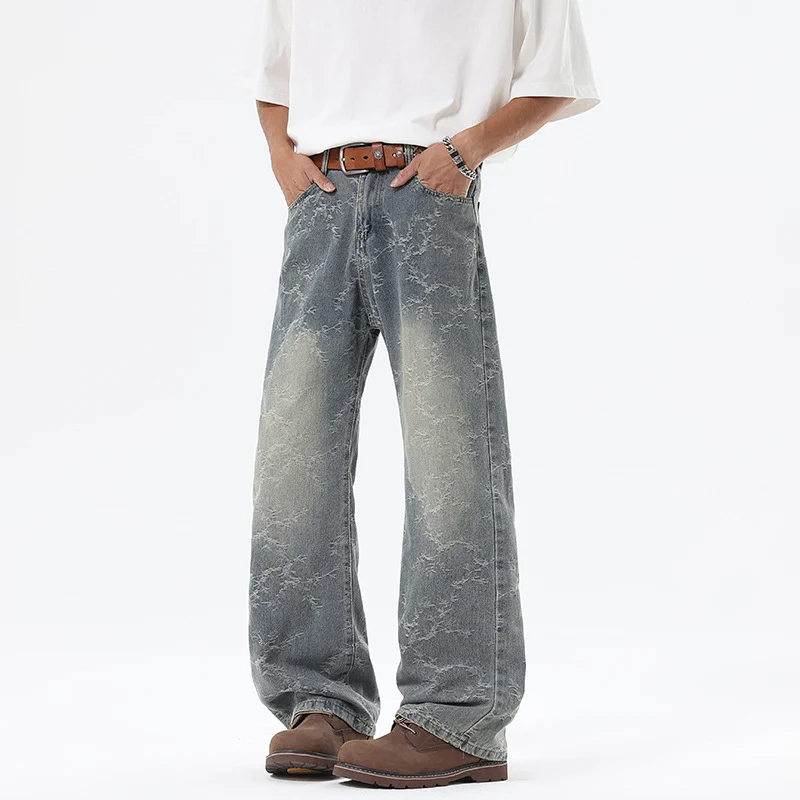 Herren Weit geschnittene Vintage-Denim-Hose im Baggy‑Look mit Marmorwaschung und tiefem Schritt Nord Taschen