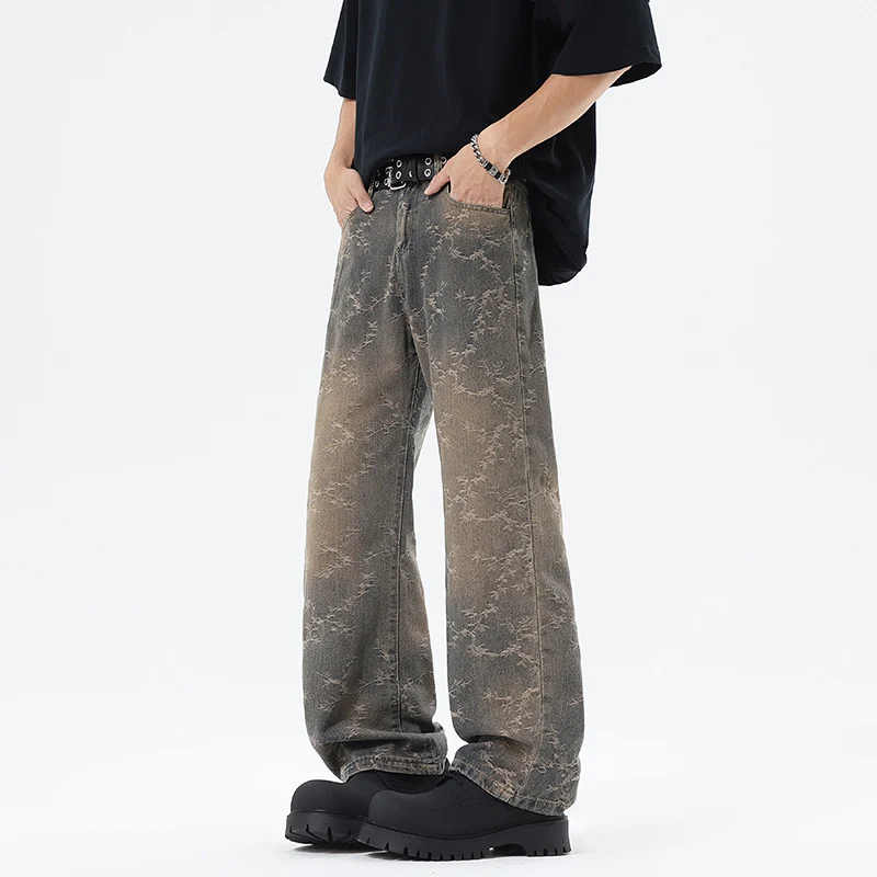 Herren Weit geschnittene Vintage-Denim-Hose im Baggy‑Look mit Marmorwaschung und tiefem Schritt Nord Taschen