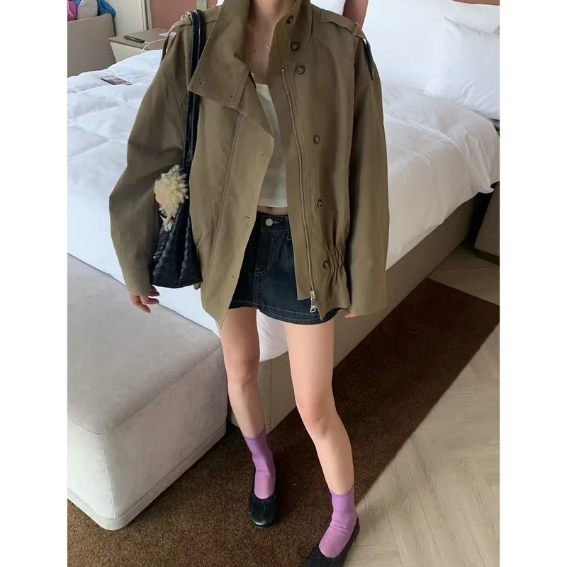Damen Kurzjacke mit Kordelzug‑Taille, Oversize‑Ärmeln und verdeckter Reißverschluss Nord Taschen