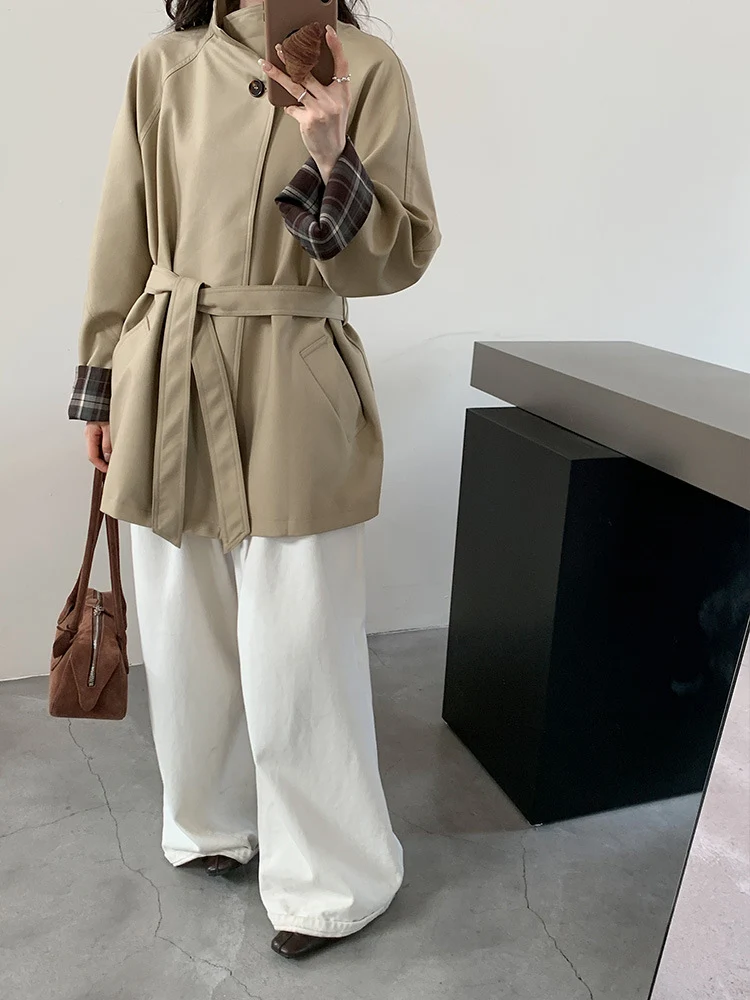 Damen Kurzjacke im Parka‑Stil mit Taillengürtel und kariertem Ärmelfutter Nord Taschen