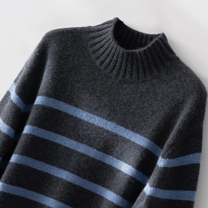 Damen Gestreifter Feinstrick-Pullover mit halbhohem Rippkragen und geripptem Saum Nord Taschen