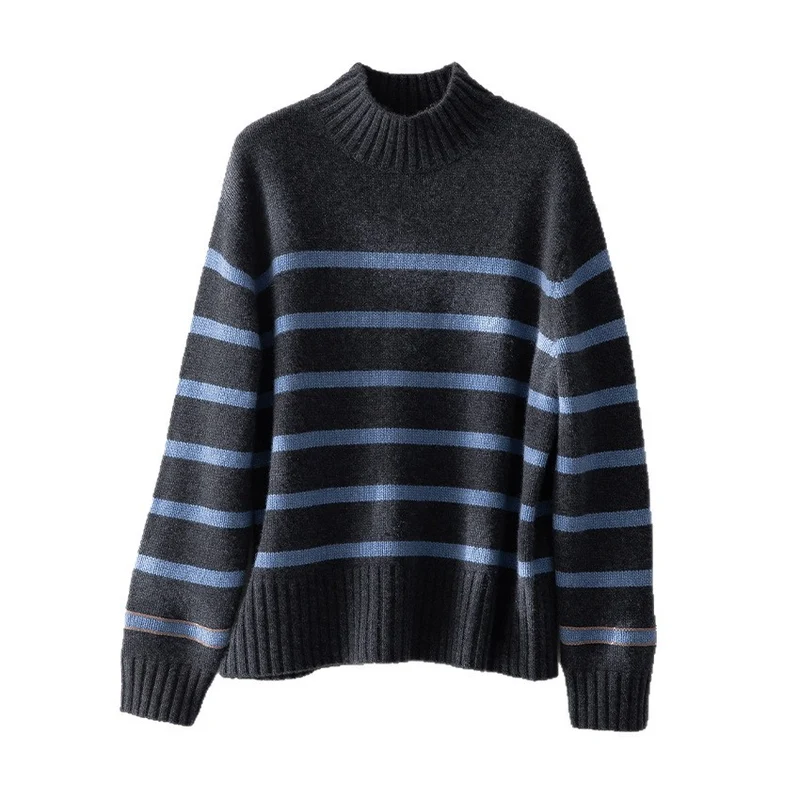 Damen Gestreifter Feinstrick-Pullover mit halbhohem Rippkragen und geripptem Saum Nord Taschen
