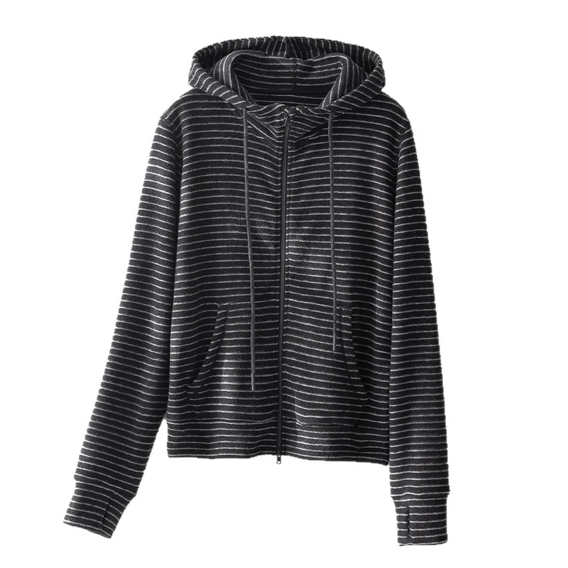 Damen Gestreifte Samt-Fleece Kapuzenjacke mit Reißverschluss und Kängurutaschen Nord Taschen