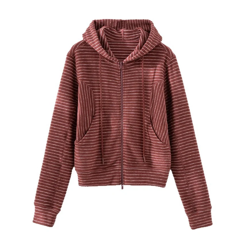 Damen Gestreifte Kapuzen-Zip-Strickjacke mit Eingrifftaschen und schmalem Rippbündchen Nord Taschen