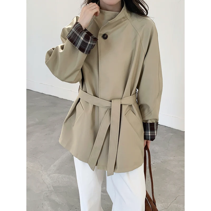 Damen Oversize Trenchcoat mit Taillengürtel und karierter Ärmelaufschlag Nord Taschen