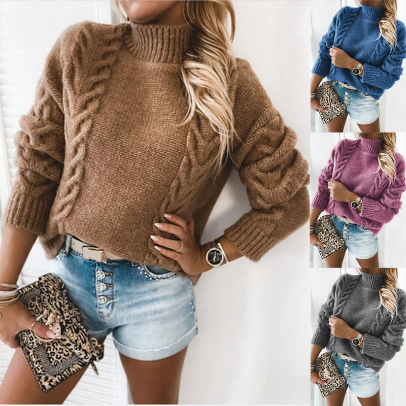 Damen Grobgestrickter Kurzpullover mit Zopfmuster und Stehkragen Nord Taschen