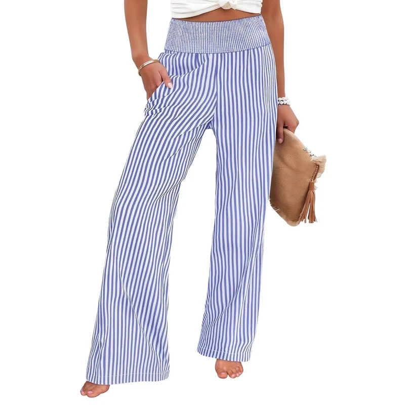 Damen Gestreifte Palazzo-Hose mit hohem, gerafftem Bund und weitem Bein Nord Taschen