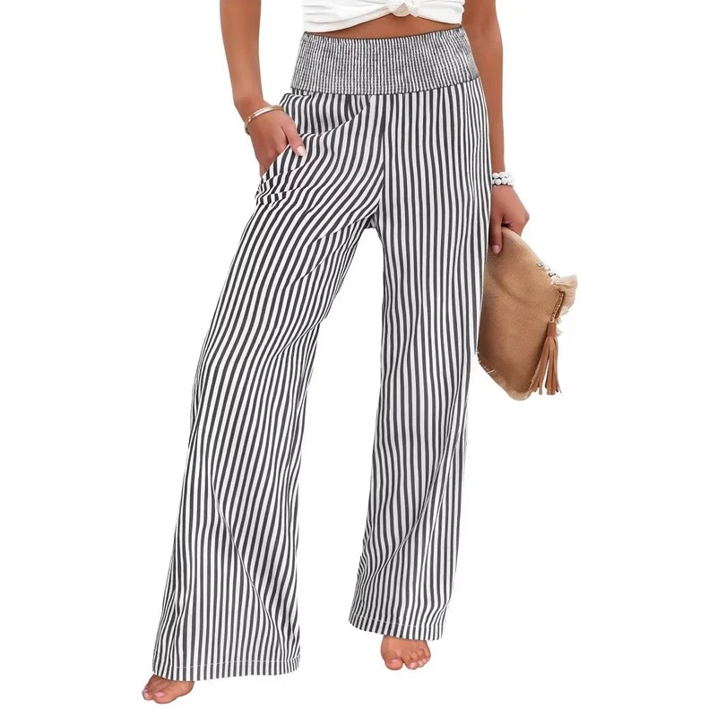 Damen Gestreifte Palazzo-Hose mit hohem, gerafftem Bund und weitem Bein Nord Taschen