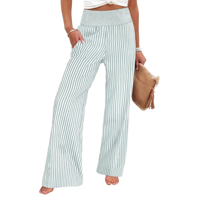 Damen Gestreifte Palazzo-Hose mit hohem, gerafftem Bund und weitem Bein Nord Taschen