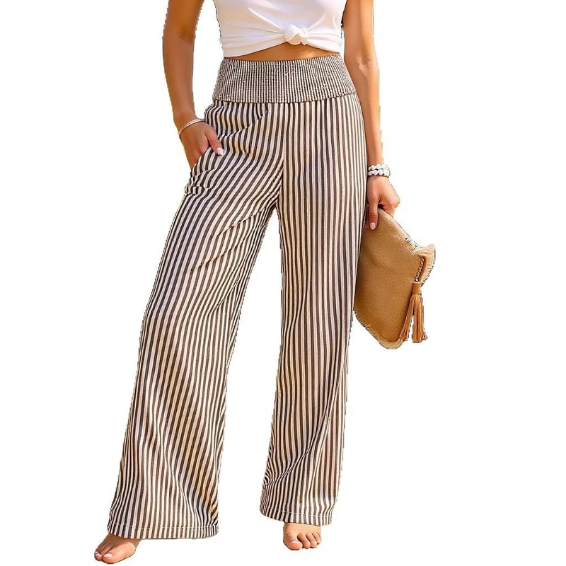 Damen Gestreifte Palazzo-Hose mit hohem, gerafftem Bund und weitem Bein Nord Taschen