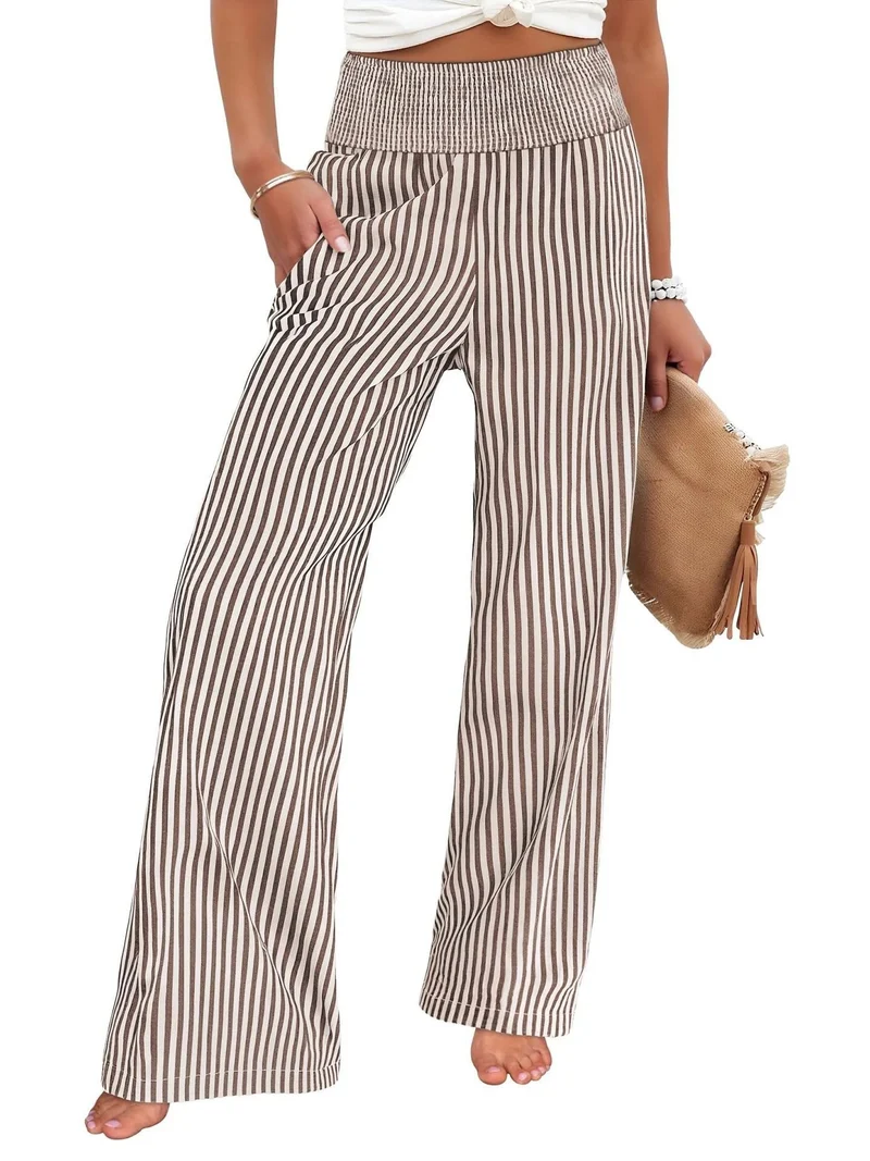 Damen Gestreifte Palazzo-Hose mit hohem, gerafftem Bund und weitem Bein Nord Taschen