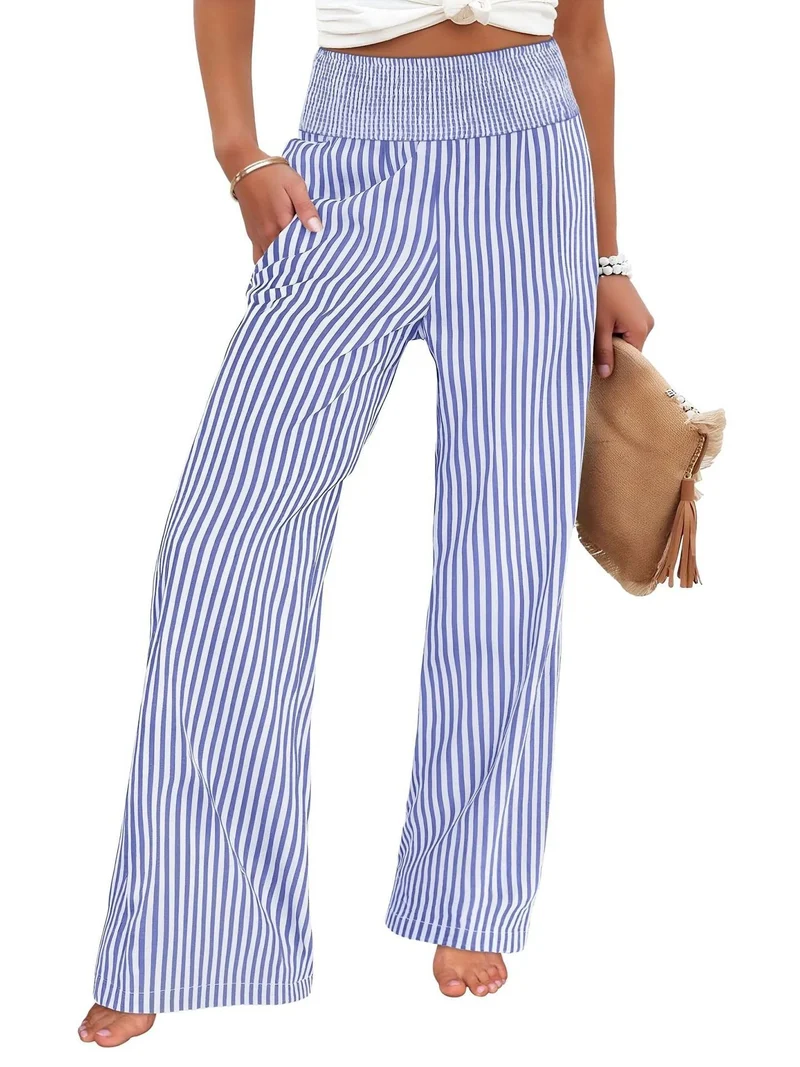 Damen Gestreifte Palazzo-Hose mit hohem, gerafftem Bund und weitem Bein Nord Taschen