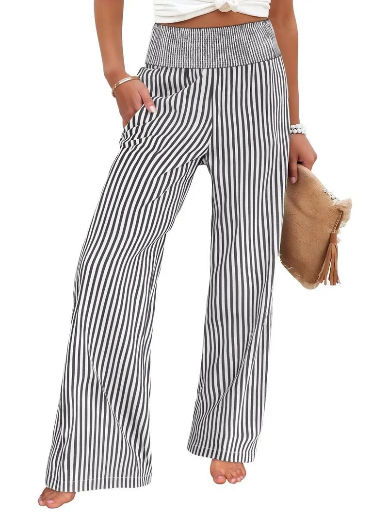Damen Gestreifte Palazzo-Hose mit hohem, gerafftem Bund und weitem Bein Nord Taschen