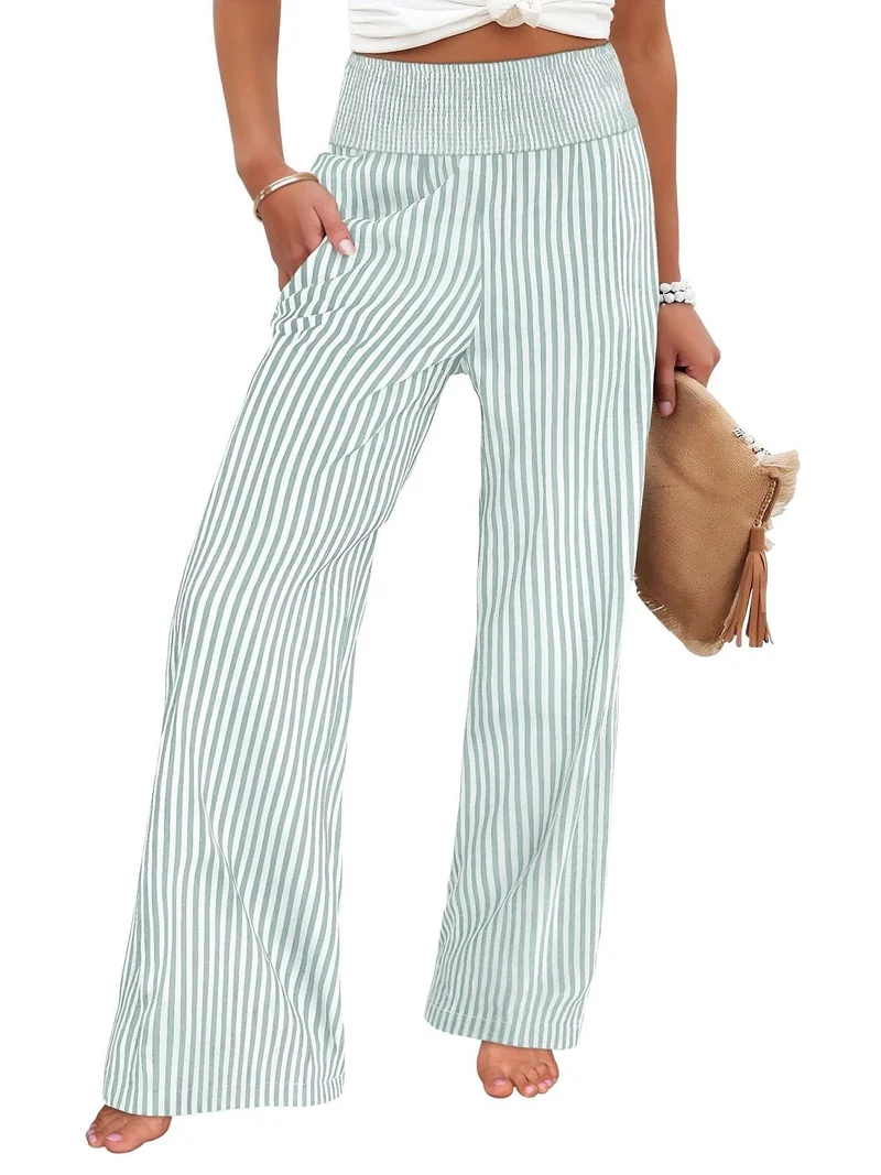 Damen Gestreifte Palazzo-Hose mit hohem, gerafftem Bund und weitem Bein Nord Taschen