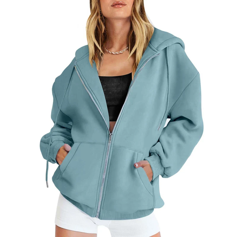 Damen Fleece-Zipjacke im Oversize-Stil mit Kapuze, Kängurutaschen und elastischem Saum Nord Taschen