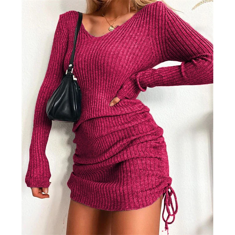 Damen Figurbetontes Rippstrick-Minikleid mit langen Ärmeln und seitlicher Raffung Nord Taschen